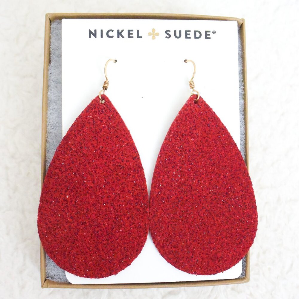 *Nickel & Suede* Sparkle Red Suede Teardrop Earrings in Gold -MEDIUM- HTF!- NEW!